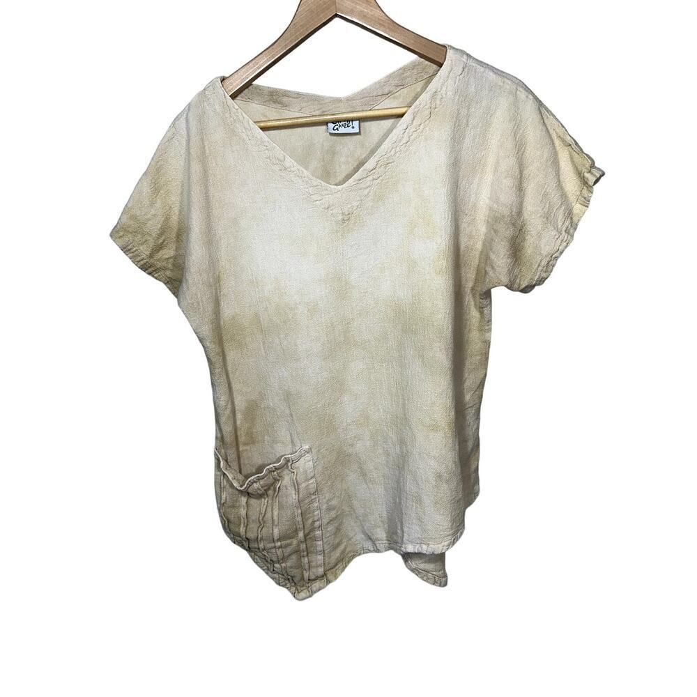 OH MY GAUZE! Women's Cotton Tie-Dye V-Neck Short Sleeve Tunic Top Cream Size 1